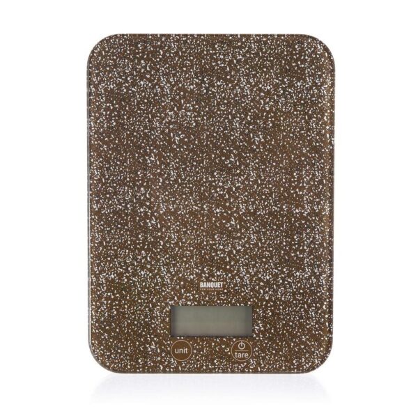 BANQUET Váha kuchyňská digitální GRANITE Brown 5 kg Digitální kuchyňská váha 5 kg GRANITE Brown má LCD display s dotykovým ovládáním s možností vážení v g