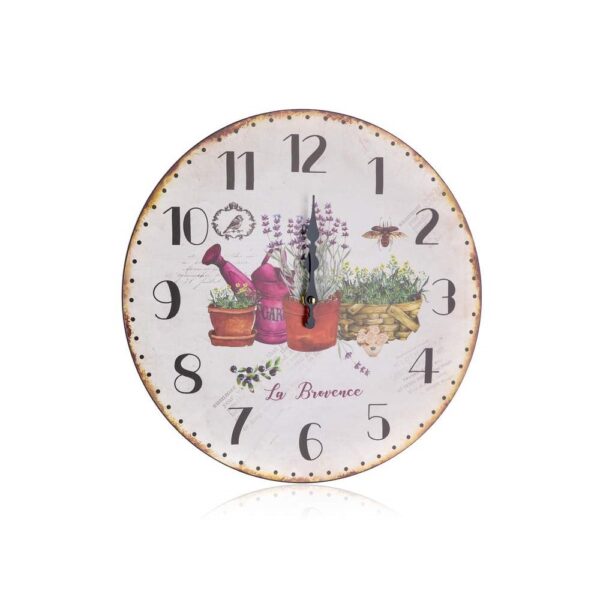 HOME DECOR Hodiny nástěnné LAVENDER 34 cm Nástěnné kulaté hodiny LAVENDER s celoplošným dekorem o průměru 34 cm. Hodinový strojek je napájen jedním kusem baterie AA (není součastí balení). Produkt je ideální dekorací do vašeho bytu nebo stylové kuchyně.